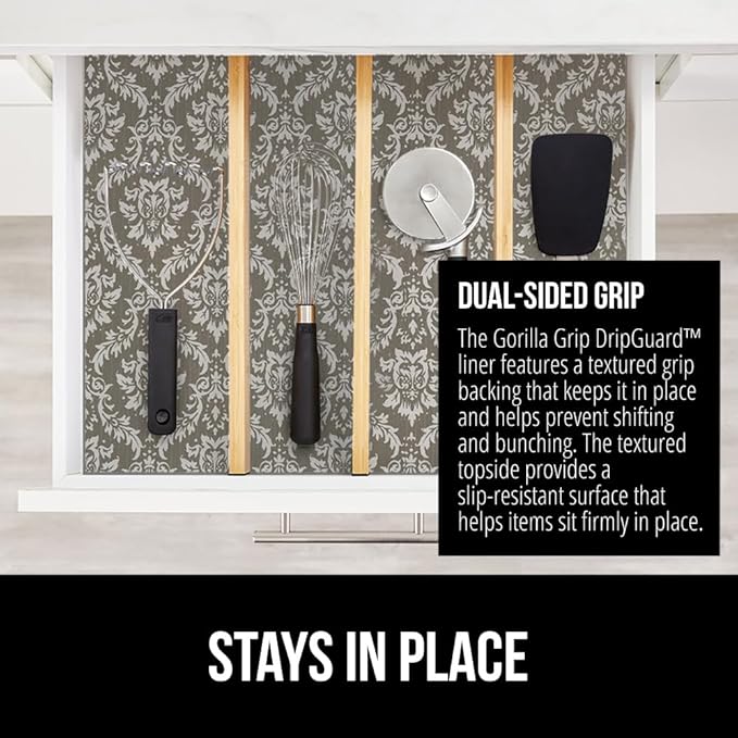 GORILLA GRIP DripGuard Shelf Liner, Non Adhesive Drawer and Kitchen Cabinet Protector, Slip Resistant BPA Free Smooth Surface Plastic Liners for Cabinets, Bathrooms, Closets, 12x120 Inch, Beige Cream