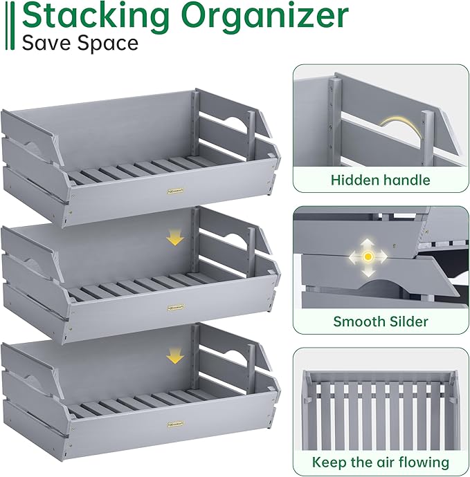 HABAU Potato Onion Storage Bin - Wood Stackable Produce Basket with Handles - Fruit and Vegetable Storage for Kitchen and Pantry Counter Organization - 3 Pack