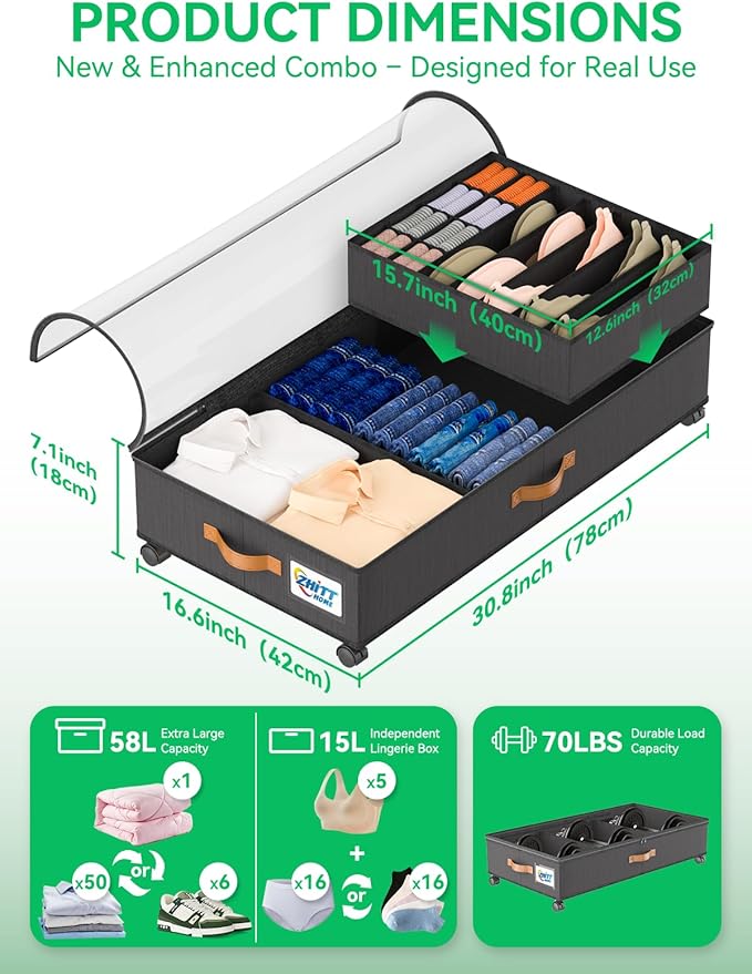 Under Bed Storage with Wheels, 2-Pack 58L Under the Bed Storage Containers with Lids, 1-Pack 15L Box, Organizer Bins Rolling Underbed Storage for Clothes, Underwear, Socks, Shoes - Delicate
