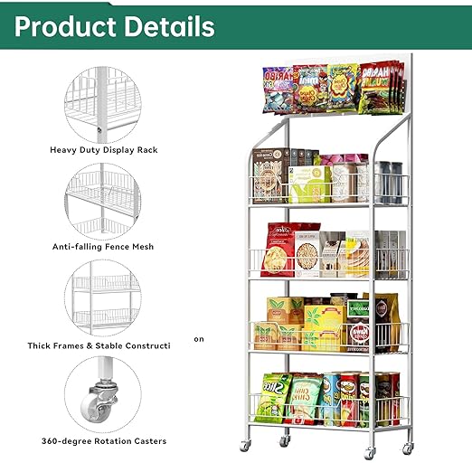 Retail Candy Snack Display Rack, 4-Tier Black Metal Storage Shelf Brackets with Wheels & Hooks Multifunctional, Home Theater Concession Stand Snack Shelf Organizer for Pantry Kitchen, White