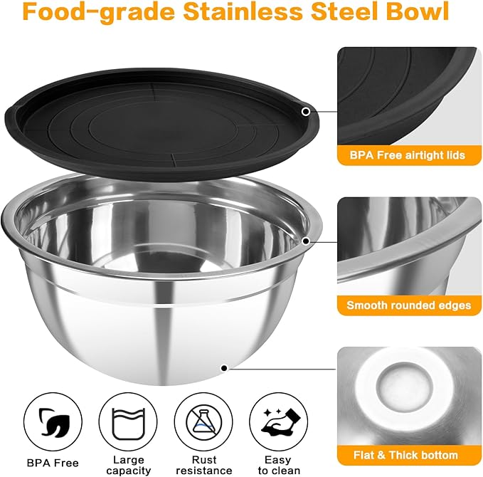 YJSLICT 7 Piece Stainless Steel Mixing Bowls with Lids Set, Metal Mixing Bowls Nesting Design Salad Bowl for Kitchen Cooking, Baking, Prepping and Serving Food (Size 0.7, 1.1, 1.5, 2.1, 3.5, 4, 4.5QT)