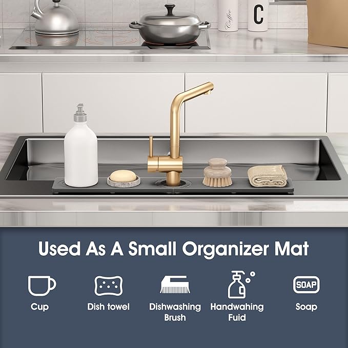 Quick Drying Stone Faucet Mat for Kitchen Sink - Diatomite Sink Mat Absorbing Stone Tray for Bathroom Counter, Sink Faucet Splash Guard Water Protector Matt for Kitchen Counter(Gray, 20" x 3.9")