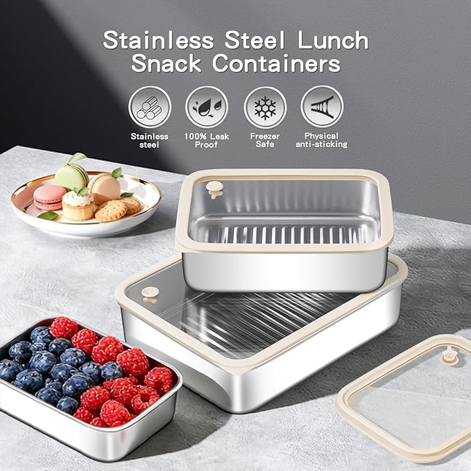 3-Piece Extra Thick 304 Stainless Steel Food Storage Containers with Non-Stick Bottom, Airtight Glass Lids & Silicone Seal, Stackable Kitchen Organization Boxes for Food Preservation