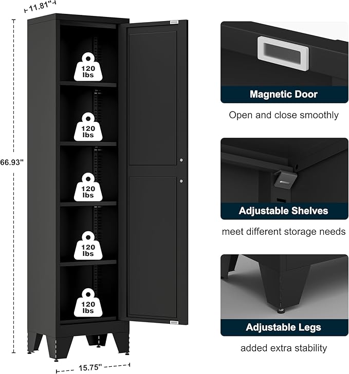 LCAOPC 67" Tall Narrow Bathroom Metal Storage Cabinet with 4 Adjustable Shelves, Freestanding 5 Tier Slim Pantry Storage Cabinet for Small Space, Black