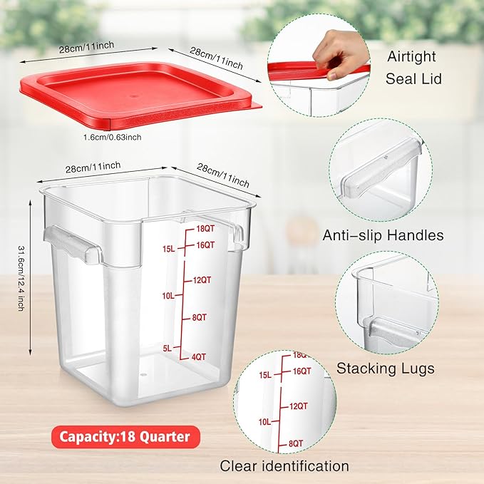 Suclain 2 Pcs Square Food Storage Container Polycarbonate Clear Food Container with Lid Commercial Rice Storage with Graduations for Commercial Kitchen(18 Qt,Red)
