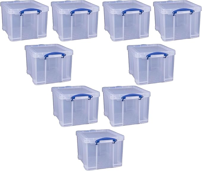 Really Useful Box 32 Liters Storage Bin Container with Snap Lid and Clip Lock Handles for Lidded Home and Office Storage Organization, 9 Pack