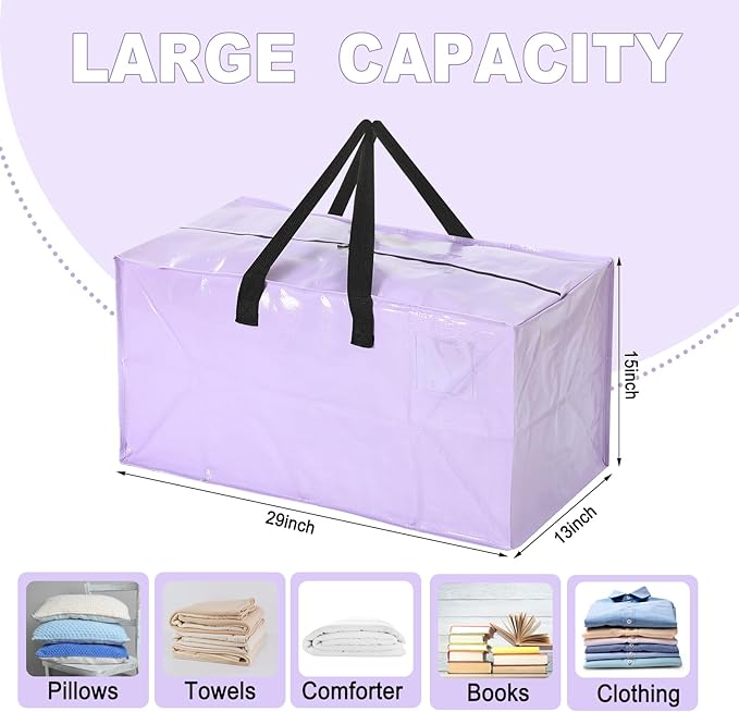 4 Pcs 24 Gallon Extra Large Moving Bags Heavy Duty Storage Bag with Strong Zipper Handle Foldable XXL Jumbo Storage Tote Packing Moving Box for College Dorm Travel Cloth Duffle (Purple)