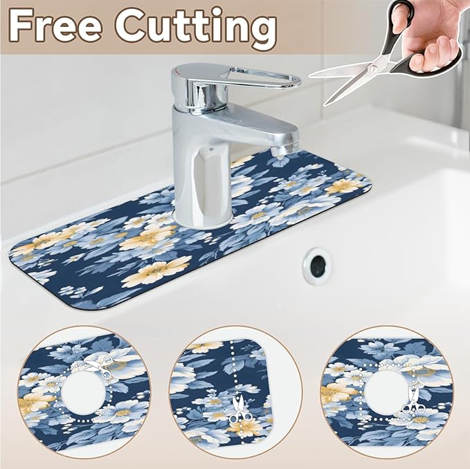 Deep Blue Floral Kitchen Faucet Mat Splash Guard, 15.4”x5.7” Absorbent Quick Drying Sink Mat for Countertop Protection, Draining Mat Sink Protectors For Kitchen Bathroom, 2 Pack