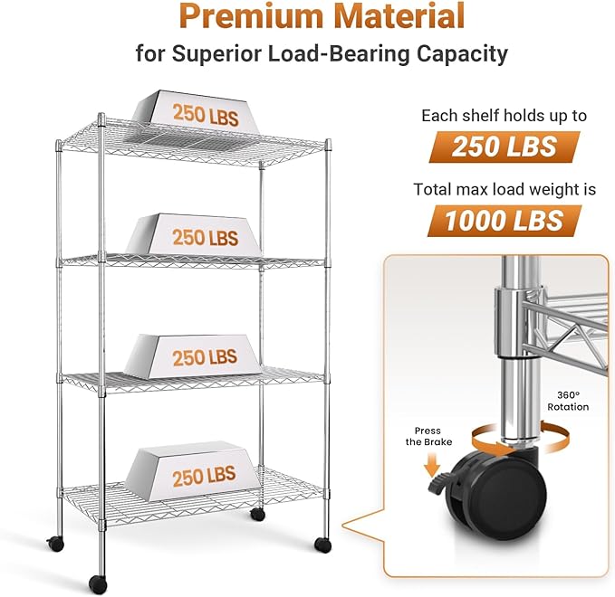 YSSOA Heavy Duty 4-Tier Shelving with Wheels, 35.43" W x 17.72" D x 61.02" H Adjustable Steel Organizer Wire Rack, 1400 Lbs Loading Capacity, Chrome
