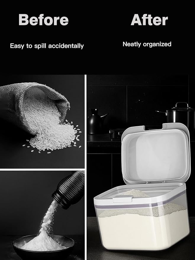 LivLab Mker Rice Dispenser 5Lbs - Flour Brown Sugar Container With One-Press Lid | Bpa-Free Clear Pet Airtight Food Container With Scoop| Stackable Cereal Storage Keeper 8x6.5x5.5in 2.8L/2.9Qt
