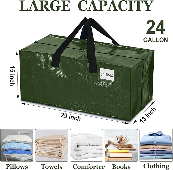 4 Pcs 24 Gallon Extra Large Moving Bags Heavy Duty Storage Bag with Strong Zipper Handle Foldable XXL Jumbo Storage Tote Packing Moving Box for College Dorm Travel Cloth Duffle (Green)