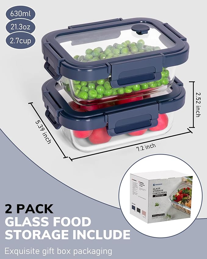 BOROHOUSE 2-Pack Glass Food Storage Containers with Tempered Lids (21.3oz/2.7cup) - Airtight Snap Lock, Microwave & Oven Safe (-4℉~ 950°F), Freezer to Baking Dish, BPA-Free, Gift Box (Blue)
