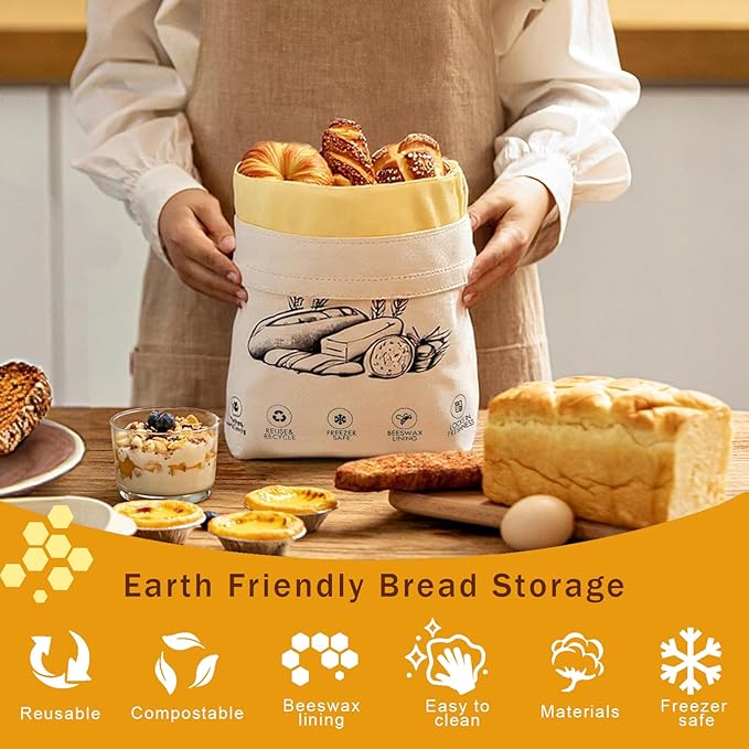 2-Pack Reusable Beeswax Bread Bags for Sourdough & Homemade Bread，Cotton Waxed Bags Keeps Fresh Longer(Ivory Loaf)