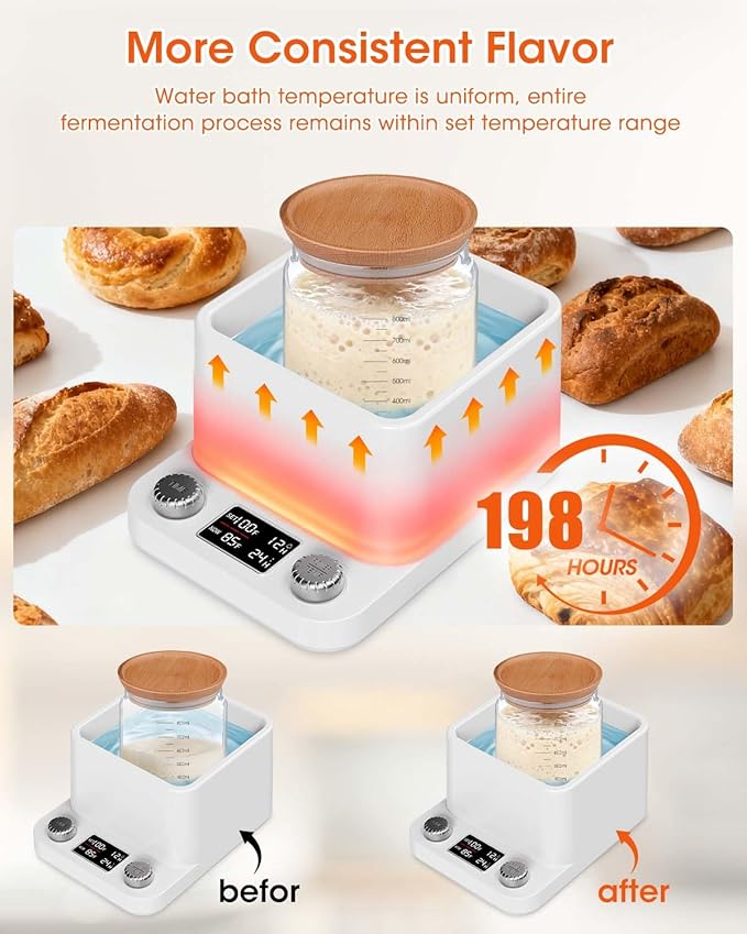 Sourdough Starter Warmer, Water Bath Fermentation Proofer - Precision Temperature Control (±1°F, 70-104°F) 198H Timer Auto-Shutoff for Kombucha Yogurt Home Brewing Energy-Saving Fermentation Heater