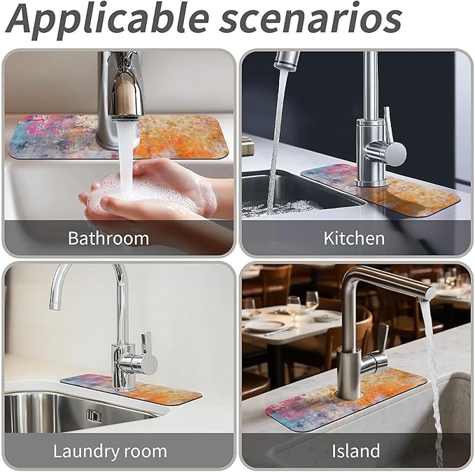 Kitchen Sink Splash Guard，Orange and pink graffiti Faucet Mat Sink Gadgets-Super Absorbent Fast Drying Mat Drip Catcher for Kitchen, Bathroom,Sink Mat, Dish Drying Mat, Bathroom(15" X 5.5" )