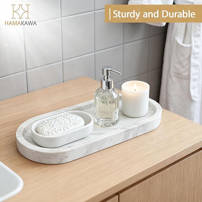 HAMAKAWA Oval Bathroom Vanity Tray, Large Natural Marble Sink Tray 10 inch, Volakas White Stone Soap Trays, Modern Perfume Trays, Countertop Organizer for Kitchen, Coffee Table, Home Decor