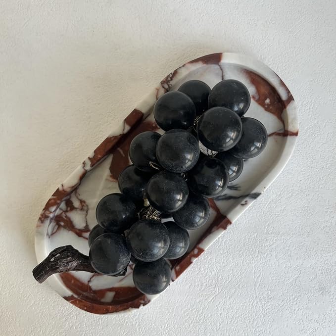 SAIDKOCC Natural Marble Oval Tray Ornaments Vintage Small Tray Storage Dish for Counter, Vanity, Dresser, Nightstand and Desk (Calacatta Red)
