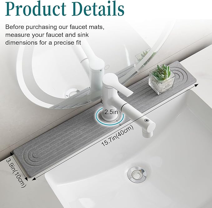 Stone Faucet Mat for Kitchen Sink Bathroom Counter, 23.6 Inch Light Grey Diatomite Water-Absorbing Drying Stone Mat, Sink Stone Tray Protector,Prevent Moisture Sink Splash Guard