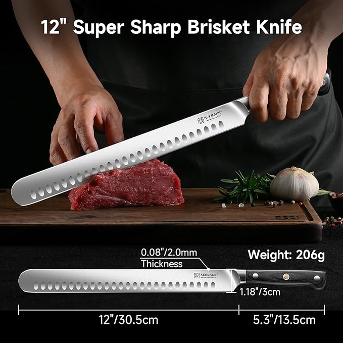 KEEMAKE Brisket Knife 12 Inch Carving Knife, Razor Sharp Slicing Knives for Meat, BBQ Knives with Ergonomic Full Tang Pakkawood Handle for Meat Cutting Roasts Turkey