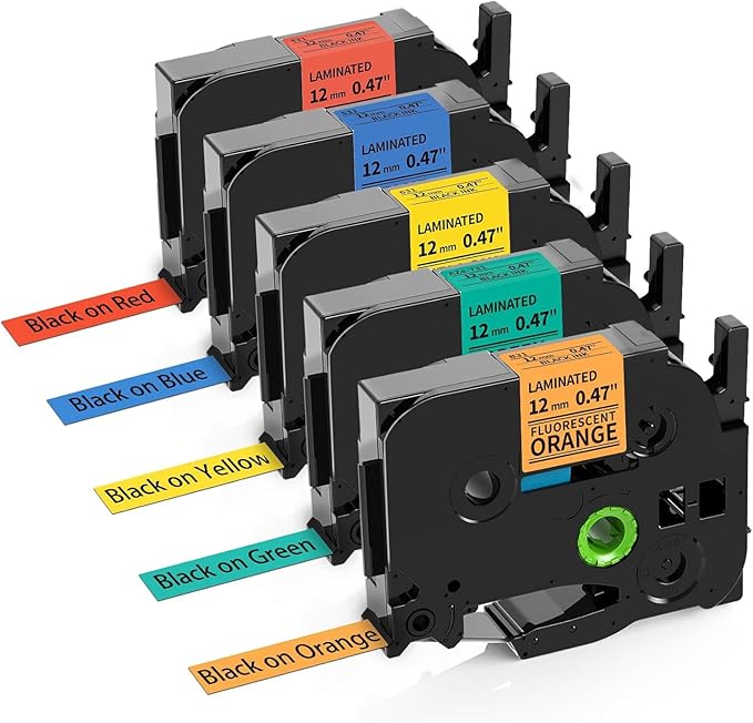 MarkDomain Compatible Label Tape Replacement for Brother P Touch TZe Tz Tape 12mm 0.47 Inch (Black on Red/Blue/Yellow/Green/Orange) for P Touch PT-D210 H110 Label Maker, Laminated, 5-Pack