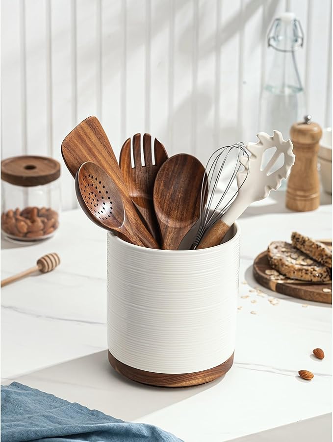 MIKIGEY Utensil Holder, 360° Rotating Extra Large Ceramic Kitchen Utensil Holder for Countertop, 7.3“ Cooking Utensil Crocks for Kitchen Counter with Rotatable Wooden Base, Farmhouse Decor, White
