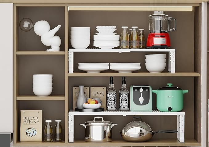 Jojocross Expandable Cabinet Shelf Organizer Storage Spice Rack Shelves for Kitchen Stackable Adjustable Pantry Cupboard Bathroom Countertop Desktop(2Packs/White/Medium-with Hole)