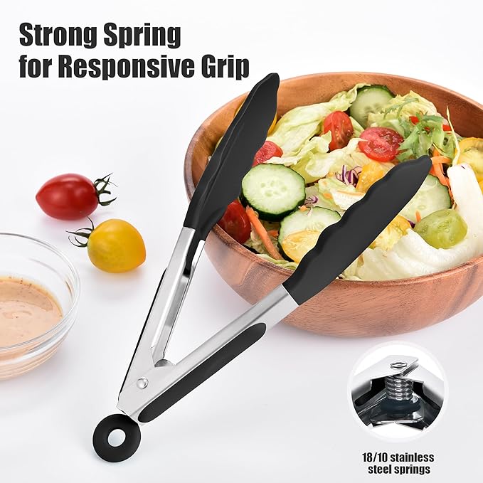 Doosu Kitchen Tongs for Cooking - 600°F Heat Resistant Food Tong Set with Non-Scratch Silicone Tips, Heavy Duty Stainless Steel Locking Tong for BBQ, Grilling Steak, Serving Salad (7+9+12in, Black)