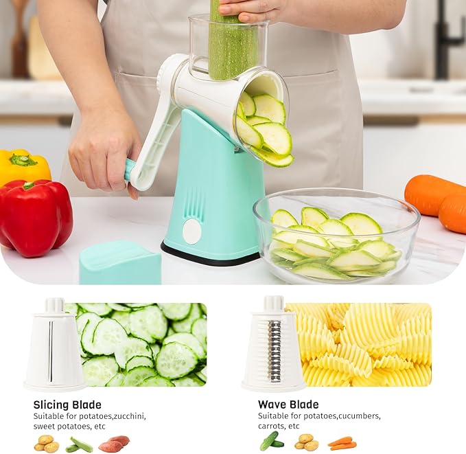 Nexsujo 5-in-1 Rotary Cheese Grater Hand Crank, Vegetable Slicer Shredder with 5 Interchangeable Blades, Graters for Kitchen, Safe Kitchen Tool for Cheese, Nuts, Blue