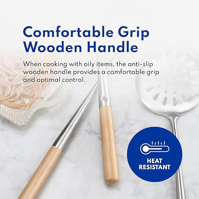 New Star Foodservice 1028737 Commercial-Grade Stainless Steel Specialty Chinese Wok Utensil Set, Spatula, Solid and Perforated Ladle, 16-Inch, 17-Inch, 17-Inch (Hand Wash Recommended)