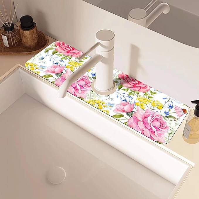 Watercolor Light Pink Floral Dish Drying Mat for Kitchen Sink Splash Guard Behind Faucet Sink Mat Absorbent Fast Drying Faucet Draining Mat for Bathroom Kitchen 5.5"×15"