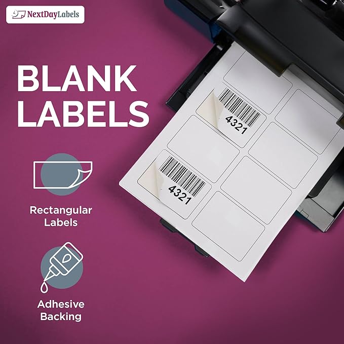 NextDayLabels 3.38x2.33 Inch Rectangle Stickers White Blank Labels for Laser Inkjet Printer - 8 Per Sheet Self-Adhesive Shipping Address Mailing Made in USA - 800 Labels