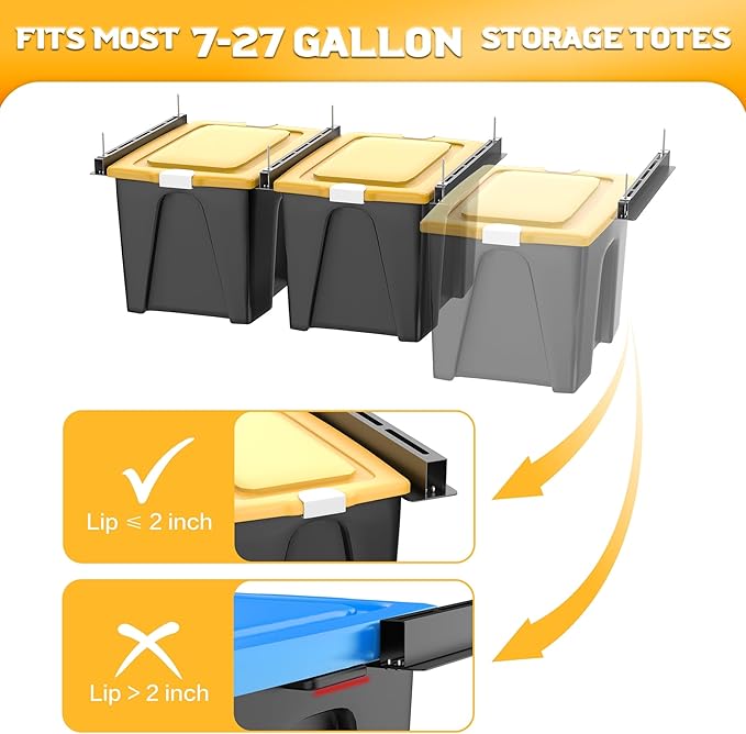 WALMANN Ceiling Tote Storage Rails, Heavy Duty Garage Ceiling Bin Storage Rack Adjustable Overhead Tote Slide Rail(4 Pack for 3 Bins, Bins Are Not Included)