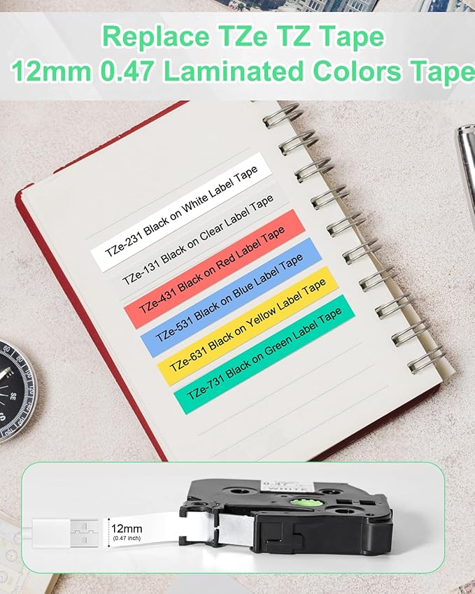 Labelife Replacement for Brother P Touch Label Maker Tape, TZe TZ Tape 12mm 0.47 Laminated Colored for Brother PT-D210 PT-D220 PT-H110 PT-D600 PT-D610BT, White/Clear/Red/Blue/Yellow/Green, 6-Pack