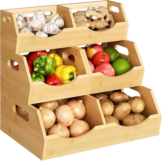 Potato Onion Storage Bins Natural Brown, 3 Tier Bamboo Pantry Storage Bin Stackable Ventilated Kitchen Organizer for Pantry, Countertop, Bathroom, Space-Saving, Easy Access Handle