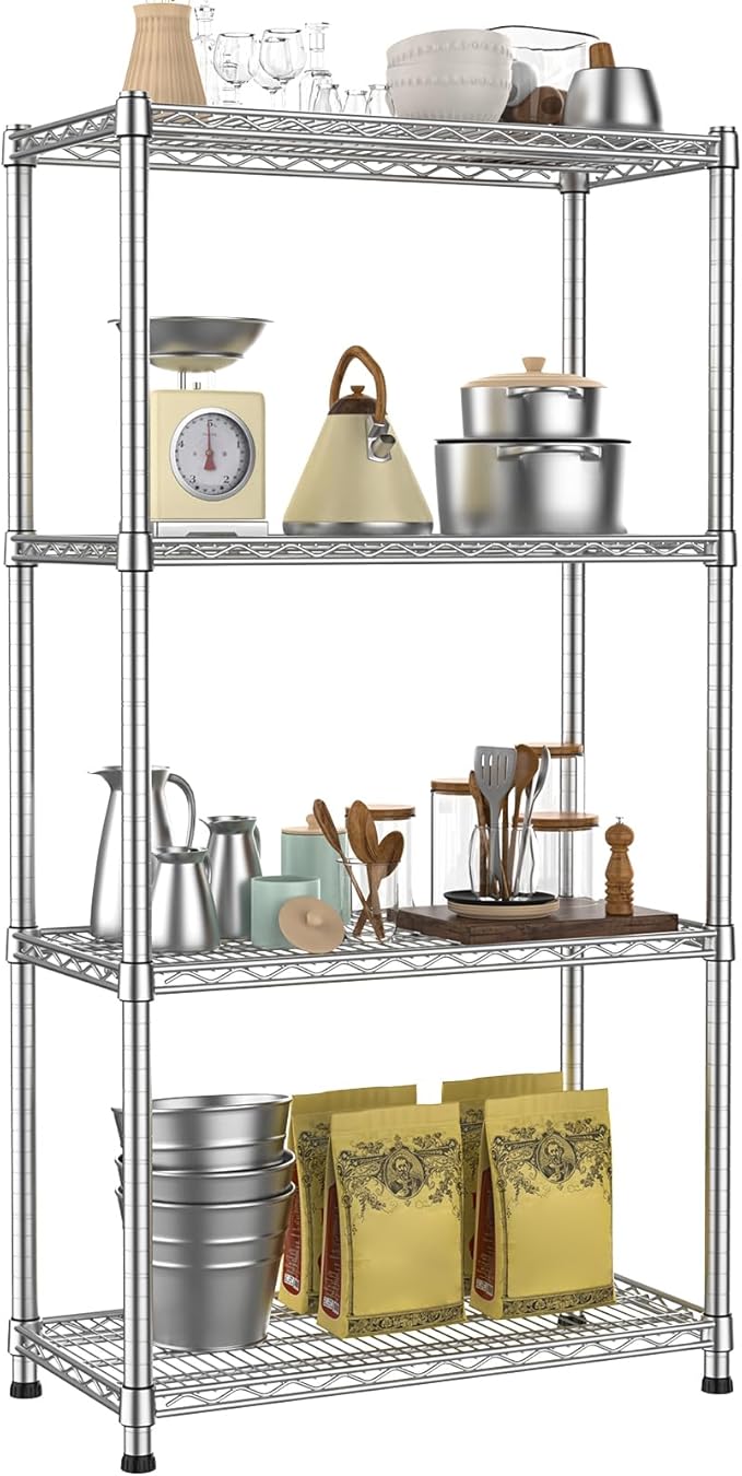 4- Shelf Metal Wire Shelving Unit Commercial Garage Storage Shelves Metal Shelf Adjustable Storage Rack Heavy Duty 2200 LBS rganizer for Pantry Laundry Bathroom Kitchen Closet Utility Room warehouse