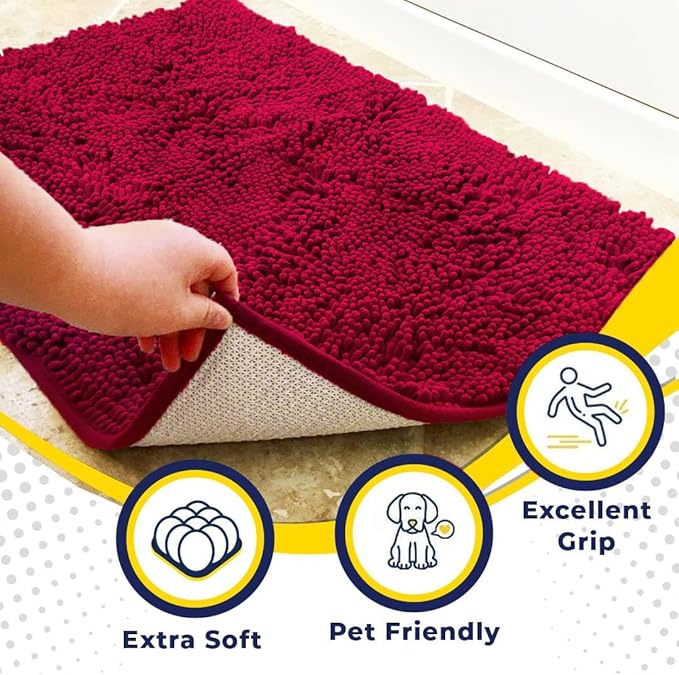 Muddy Mat® | Super Absorbent Door Mat Indoor, Microfiber Quick Dry Chenille Entryway Rug, Non-Slip Front Door Mat, Indoor Mats for Entryway, Machine Washable Pet Rug, Maroon 24" x 96"