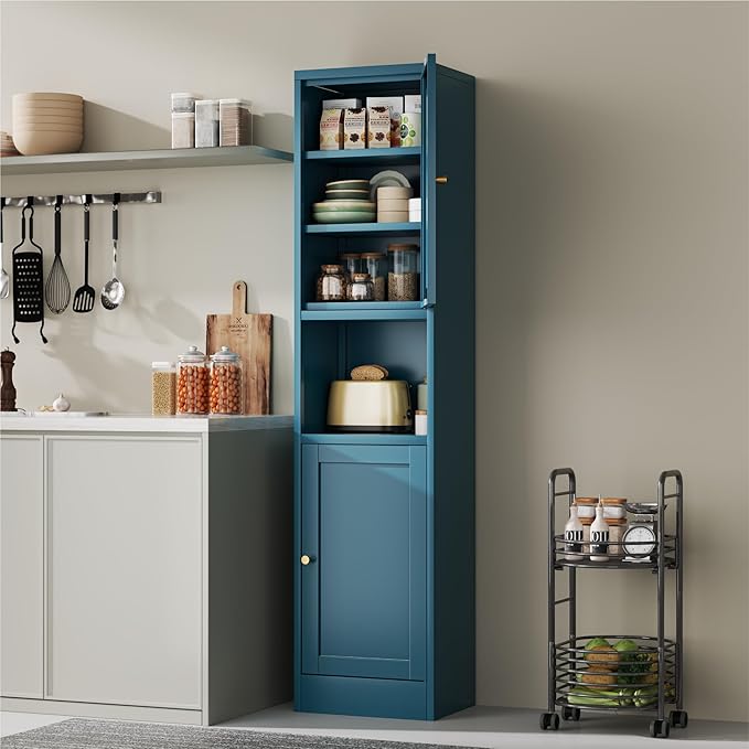 YAUWOH 2-Door Metal Storage Cabinet, Tall Slim Pantry Organizer with 3 Adjustable Shelves (120LBS/Shelf), Anti-Tipping Waterproof Cabinet for Bathroom/Kitchen/Home Office/Small Spaces,(1PC,Blue)