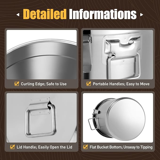 Stainless Steel Airtight Canister for Kitchen, 33L/8.7Gal Metal Food Storage Container Flour Bucket with Lid & Clamps, Bean Rice Cereal Canister Holder for Kitchen Restaurant, D15*H14.2in