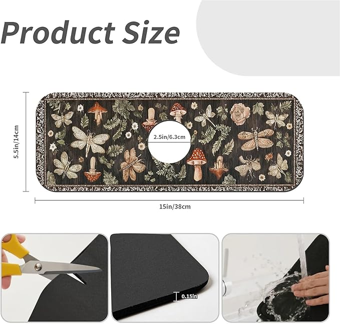 Kitchen Sink Splash Guard，Mushrooms dragonflies moths Faucet Mat Sink Gadgets-Super Absorbent Fast Drying Mat Drip Catcher for Kitchen, Bathroom,Sink Mat, Dish Drying Mat, Bathroom(15" X 5.5" )