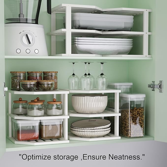 VERTORGAN 3 Tier Bamboo Corner Shelf(4 Pack),Dish Drying Rack,Plate Organizer,Kitchen Spice Rack for Countertop and Cabinet(White)