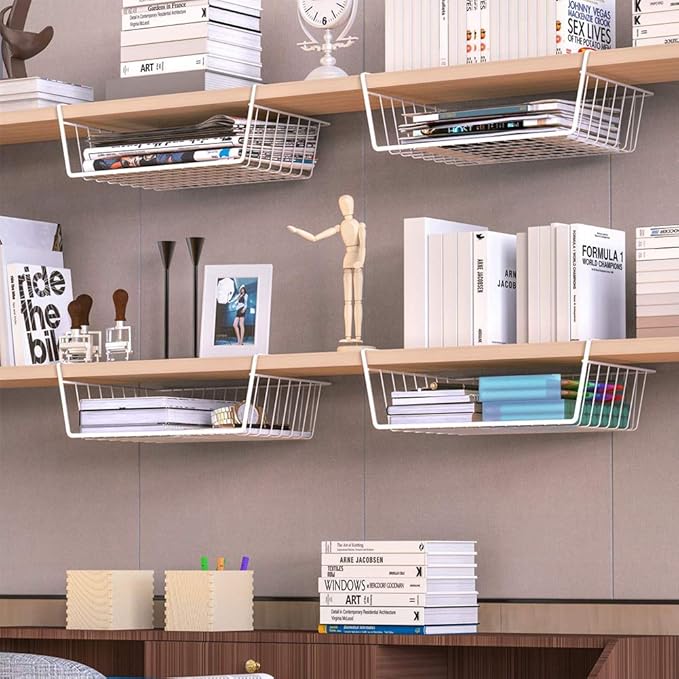 Modern Home Under Shelf Wire Storage Baskets – Hanging Organizer Rack for Cabinet, Pantry, or Closet – White Metal Basket for Kitchen, Towels, or Office – No Tools Required (Set of 4 19")