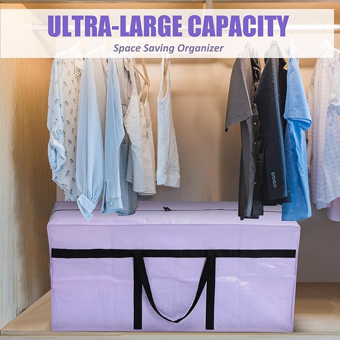 4 Pcs 66 Gallon Extra Large Moving Bags Heavy Duty Storage Bag with Strong Zipper Handle Foldable XXL Jumbo Storage Tote Packing Moving Box for College Dorm Travel Cloth Duffle (Jelly Purple)
