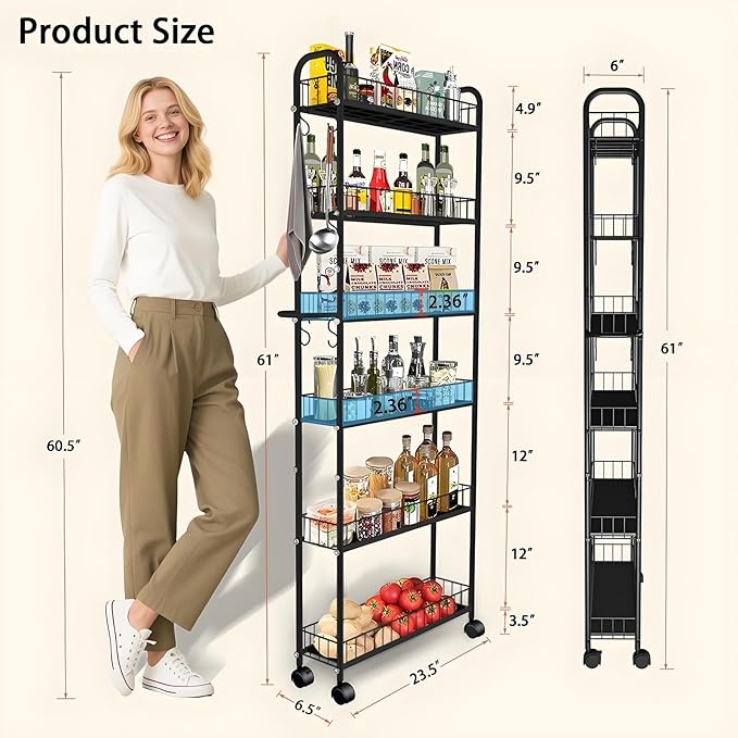 6in 6 Tier Slim Storage Cart with Wheels, Narrow Space Rolling Shelving Unit with Handle, Metal Wire Mobile Organizer Rack for Kitchen Bathroom Office Laundry