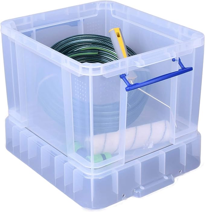 Really Useful Box 35 Liter Plastic Stackable Storage Container with XL Snap Lid & Built-In Clip Lock Handles for Home or Office Organization, Clear