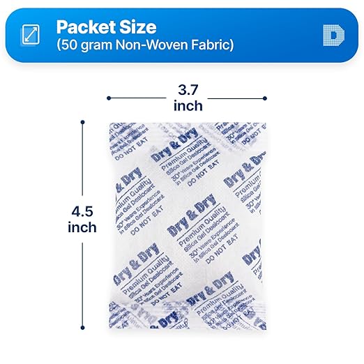 Dry & Dry 50 Gram [10 Packets] Silica Gel Packets Desiccants, Silica Packets - Rechargeable Silica Gel Packs, Desiccants Packets, Silica Gel