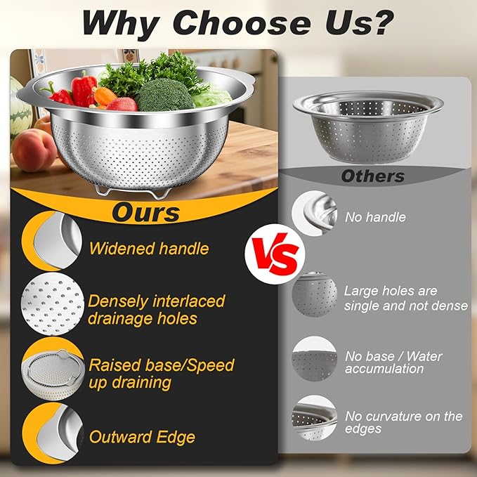 Colander, Stainless Steel Colander for Kitchen, 3Pcs Kitchen Gadget Food Strainer Basket with Handle, Kitchen Strainer Colanders Bowl for Pasta Noodles Spaghetti Vegetables Fruit (1QT, 2QT, 5QT)