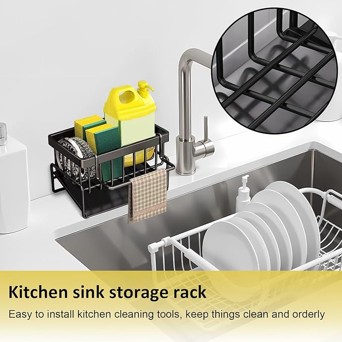 kitchen sink caddy, dish sink sponge holder (With rod-black)