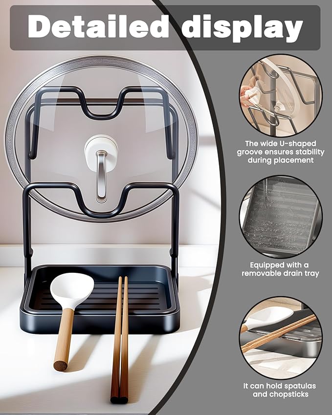 IENG Pot Lid Organizer Holder Kitchen Storage Rack While Cooking Inside Cabinet Pan Cover Countertop with Double U-Shaped Slots over the Stove Spoon and Rest for Cutting Board Stand Drip Tray