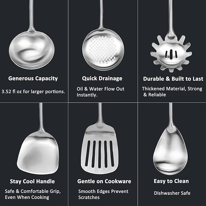 304 18/10 Stainless Steel Kitchen Utensils Set 11 Pcs Long Metal Cooking Utensil, Spatula, Soup spoon, Leaking shovel, Ladle, Tunner, Pasta Server, Meat Fork, Tongs Kitchen Tools Set, Dishwasher Safe