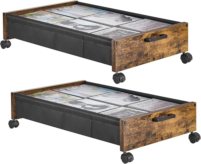 Under Bed Storage with Wheels, Wooden Under Bed Drawers On Wheels, Rolling Under Bed Shoe Storage, Space Saving, Rustic Brown,30L
